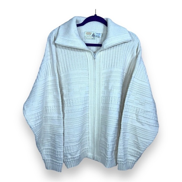 VINTAGE LONDON TOWNE LARGE IVORY WHITE CARDIGAN SWEATER RETRO ROCKABILLY - Picture 1 of 10
